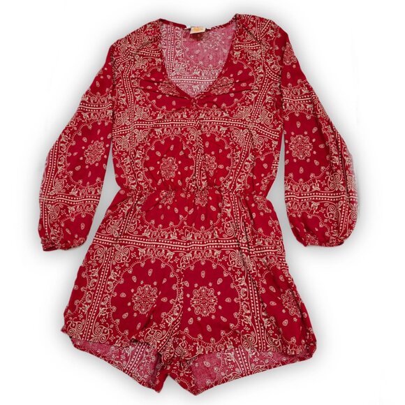 Archaic by Affliction Red Paisley Romper W/ Long Sleeves & V-Neck – M - Picture 9 of 11